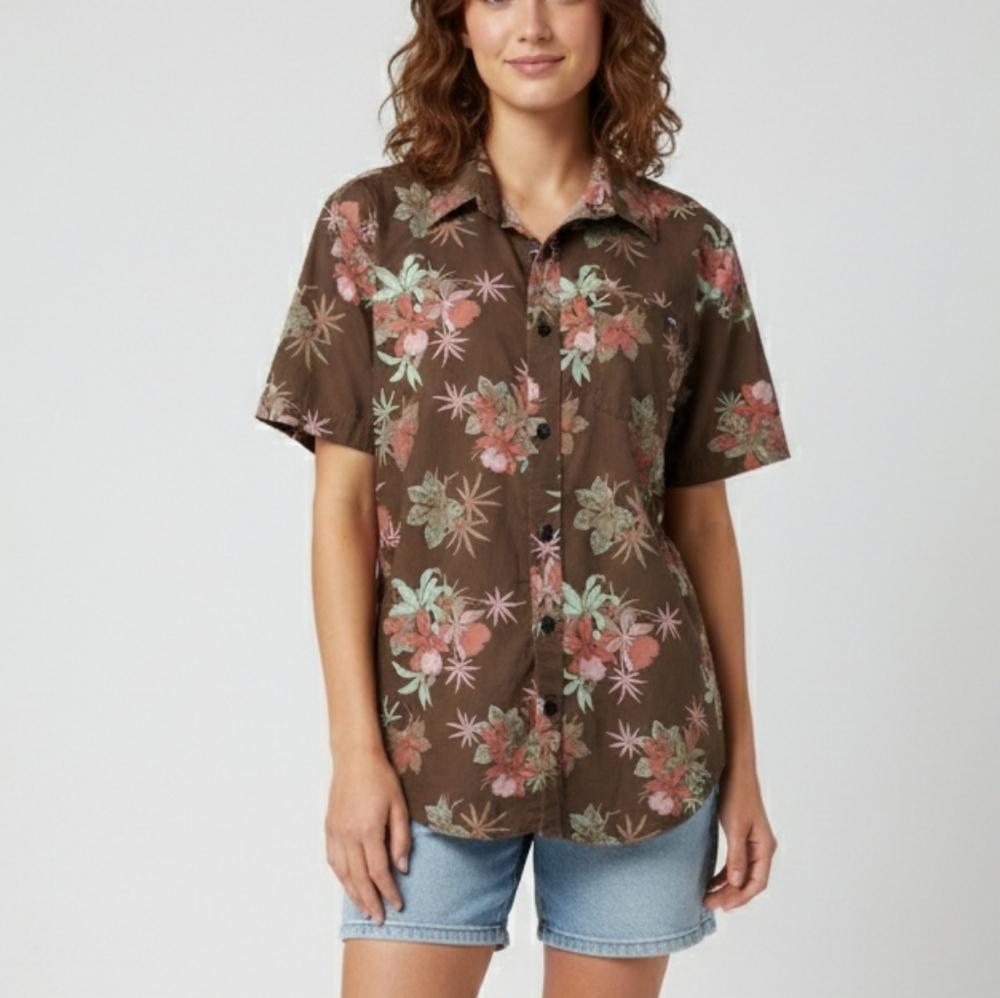 Billabong Floral Brown Short Sleeve Shirt